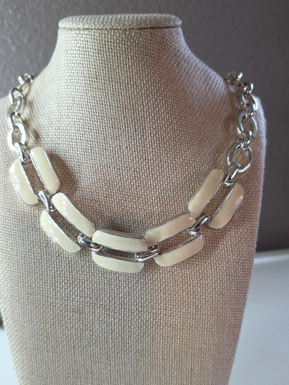 Vintage Silver Tone Cream Enamel Panel Link Statement Necklace 18”